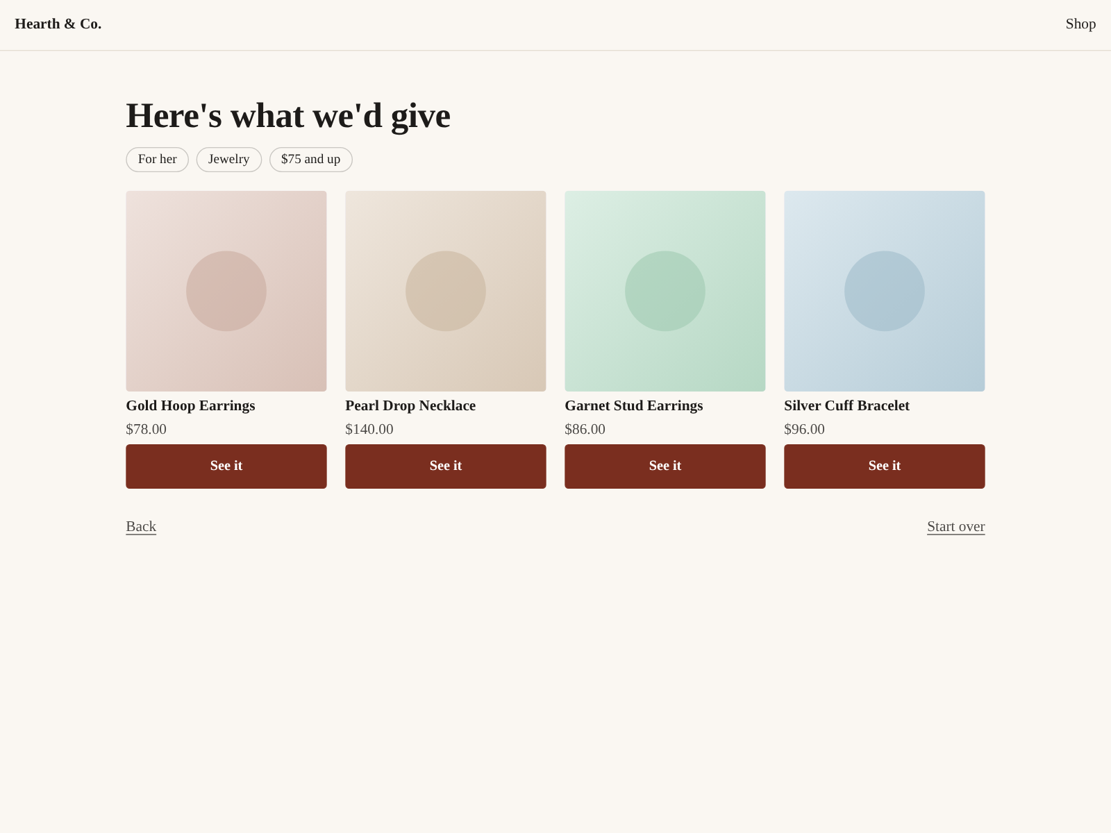 Giftlight's results on a demo store: four gifts for her, jewelry, with a See it button under each